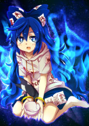 Rule 34 | 1girl, aura, bangle, barefoot, blue background, blue eyes, blue fire, blue hair, blue skirt, bow, bracelet, bright pupils, collarbone, commentary, crack, damaged, debt, drawstring, fire, gradient background, grey hoodie, hair between eyes, hair bow, highres, hood, hood down, hoodie, jewelry, light particles, long hair, looking at viewer, open mouth, ryuu (multitask), short sleeves, sitting, skirt, solo, stuffed animal, stuffed cat, stuffed toy, touhou, very long hair, wariza, white pupils, yorigami shion