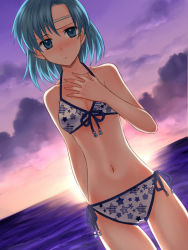 Rule 34 | 1girl, 74, alternate costume, bikini, blue eyes, blue hair, blush, breasts, circlet, cleavage, cloud, cloudy sky, cowboy shot, embarrassed, fire emblem, fire emblem: the binding blade, front-tie top, hand on own chest, looking at viewer, matching hair/eyes, navel, nintendo, ocean, short hair, side-tie bikini bottom, sky, small breasts, solo, sunset, swimsuit, thea (fire emblem)