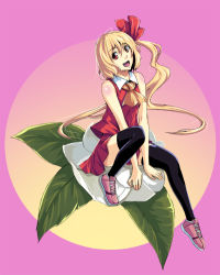 Rule 34 | 1girl, adapted costume, black thighhighs, blonde hair, blouse, collared shirt, female focus, flandre scarlet, hair between eyes, head tilt, one side up, oversized flower, pink background, red eyes, red shirt, satori, satori (transient wind), shirt, side ponytail, sleeveless, sleeveless shirt, solo, thighhighs, touhou, zettai ryouiki