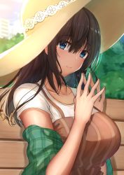 Rule 34 | 1girl, aiban, bench, blue eyes, breasts, brown dress, brown hair, closed mouth, commentary request, dress, fingers together, hair between eyes, hat, highres, idolmaster, idolmaster cinderella girls, large breasts, looking at viewer, off-shoulder sweater, off shoulder, outdoors, park bench, plaid, sagisawa fumika, shawl, shirt, short sleeves, sitting, smile, sun hat, sweater, tree, white shirt