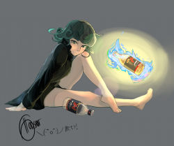 Rule 34 | 1girl, barefoot, black dress, blue fire, blush, crossed legs, curly hair, dress, fantasy, fire, floating, floating object, full body, glowing, godsh0t, green eyes, green hair, grey background, highres, leg lift, levitation, looking at viewer, magic, monochrome, one-punch man, psychic, short hair, simple background, sitting, solo, tatsumaki, telekinesis, toes