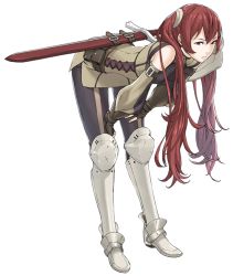 Rule 34 | 1girl, armor, belt, bent over, fingerless gloves, fire emblem, fire emblem awakening, frown, full body, gloves, hands on thighs, kozaki yuusuke, leaning, long hair, looking at viewer, nintendo, official art, red hair, severa (fire emblem), solo, standing, sword, transparent background, twintails, weapon