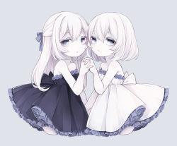 Rule 34 | 2girls, bad id, bad pixiv id, bare shoulders, black dress, bow, cropped legs, dress, grey background, grey eyes, hair bow, holding hands, long hair, looking at viewer, multiple girls, original, pale skin, profile, shiro yurine, short hair, strapless, strapless dress, white dress, white hair