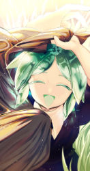 Rule 34 | 1boy, 1other, :d, ^ ^, absurdres, closed eyes, colored eyelashes, commentary request, crystal hair, closed eyes, gem uniform (houseki no kuni), green hair, highres, houseki no kuni, kongou sensei, light particles, open mouth, other focus, phosphophyllite, pov, smile, solo focus, tete (kyouko)