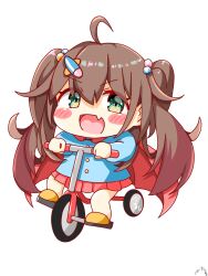 Rule 34 | 1girl, blush, brown hair, cape, chibi, dasono777, fang, green eyes, hair ornament, hanamori healthy, happy, highres, long sleeves, open mouth, pill hair ornament, pleated skirt, red cape, riding tricycle, skin fang, skirt, smile, sweater, tricycle, twintails, virtual youtuber