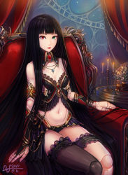Rule 34 | 1girl, black hair, bridal gauntlets, candlestand, chair, cross, def (chronowarld), doll joints, green eyes, heterochromia, jewelry, joints, bridal garter, long hair, navel, necklace, original, red eyes, single thighhigh, sitting, solo, thighhighs, very long hair