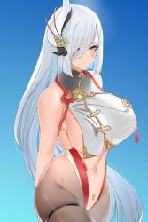 Rule 34 | 1girl, absurdres, anji lanuo, bare shoulders, blue eyes, blush, breasts, genshin impact, hair ornament, hair over one eye, highleg, highres, large breasts, long hair, shenhe (genshin impact), sideboob, skindentation, solo, thigh strap, white hair