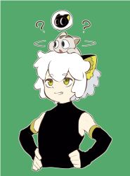 Rule 34 | 1boy, animal, animal on head, bare shoulders, black shirt, cat, cat on head, detached sleeves, green background, grin, hands on own hips, highres, long hair, luo xiaohei, luo xiaohei zhanji, male focus, nploser, on head, shirt, simple background, smile, solo, upper body, white hair