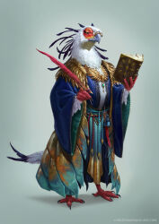 Rule 34 | artist name, beak, bird, book, brooch, closed eyes, commentary, ebenherzart, english commentary, feather trim, full body, furry, glasses, highres, holding, holding book, humblewood, jewelry, official art, pince-nez, quill, robe, simple background, standing, talons, wide sleeves