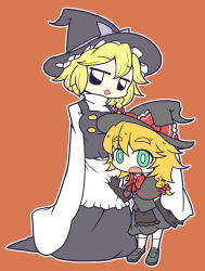 2girls apron black_apron black_capelet black_eyes black_footwear black_gloves black_hat black_skirt black_vest blonde_hair blue_eyes bow bowtie braid breasts bright_pupils buttons capelet commentary_request cookie_(touhou) elbow_gloves frilled_hat frills full_body gloves hair_bow hat hat_bow highres kirisame_marisa loafers long_skirt looking_at_viewer medium_breasts meguru_(cookie) multiple_girls open_mouth orange_background purple_bow red_bow red_bowtie shirt shoes short_hair side_braid simple_background single_braid skirt skirt_set sleeves_past_fingers sleeves_past_wrists socks standing touhou tsunakan_(nicoseiga34879088) turtleneck turtleneck_shirt vest waist_apron white_apron white_pupils white_shirt white_socks witch_hat yuuhi_(cookie)