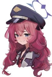 Rule 34 | 1girl, black hat, black shirt, blue archive, blush, collared shirt, double-parted bangs, hair between eyes, halo, hat, highres, iroha (blue archive), jacket, long hair, looking at viewer, loose necktie, military hat, military jacket, necktie, o (pixiv 97998117), peaked cap, purple eyes, purple halo, red hat, red necktie, shirt, simple background, smile, solo, upper body, white background
