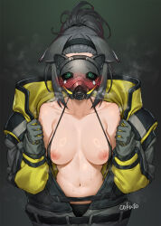 Rule 34 | 1girl, animal ears, arknights, bikini, black bikini, black hair, black hairband, blush, bodysuit, breasts, cat ears, cat girl, cat mask, cokuto1, facing viewer, full-face blush, gas mask, hairband, halterneck, jessica (arknights), jessica (iron block) (arknights), looking at viewer, mask, masked, navel, nipples, open bodysuit, open clothes, ponytail, solo, steam, sweat, swimsuit, upper body