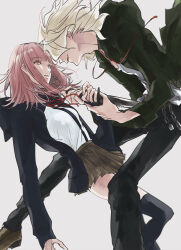 Rule 34 | 1boy, 1girl, black jacket, black pants, black sleeves, black socks, blunt bangs, brown footwear, brown skirt, chain, commentary request, dagger, danganronpa (series), danganronpa 2: goodbye despair, eyelashes, face-to-face, feet out of frame, foot out of frame, green jacket, green sleeves, grey background, hair over eyes, holding, holding dagger, holding knife, holding weapon, hood, hood down, hooded jacket, imminent suicide, jacket, knife, komaeda nagito, long sleeves, looking at another, me (lililico), medium hair, messy hair, miniskirt, nanami chiaki, neck ribbon, open clothes, open jacket, over-kneehighs, pants, parted lips, partial commentary, pink eyes, pink hair, pleated skirt, red ribbon, ribbon, shirt, shoes, short hair, simple background, skirt, socks, spoilers, thighhighs, weapon, white hair, white shirt