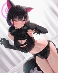 1girl absurdres animal_ears bare_shoulders black_gloves black_hair black_shirt black_skirt blue_archive breasts cleavage cleavage_cutout clenched_teeth clothing_cutout colored_inner_hair crop_top elbow_gloves extra_ears fur_collar gloves halo hands_up highres kazusa_(blue_archive) kazusa_(halloween)_(blue_archive) leaning_forward looking_at_viewer medium_breasts midriff miniskirt multicolored_hair navel official_alternate_costume red_eyes reinama shirt short_hair skirt sleeveless sleeveless_shirt solo stomach sweat tail teeth thighs v-shaped_eyebrows wolf_tail