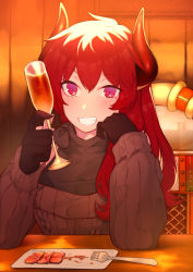 Rule 34 | 1girl, absurdres, alcohol, black gloves, black shirt, brown sweater, champagne, champagne flute, cup, dola (nijisanji), dragon girl, dragon horns, drinking glass, elbow rest, food, fork, gloves, grin, hair between eyes, hand on own cheek, hand on own face, hati105, head rest, highres, holding, holding cup, horns, indoors, jukebox, long hair, looking at viewer, meat, nijisanji, plate, purple eyes, red hair, shirt, smile, solo, sweater, table, virtual youtuber