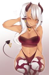 Rule 34 | 1girl, :q, absurdres, animal ears, artist name, bell, breasts, character request, cleavage, commentary, copyright request, cow ears, cowbell, dark-skinned female, dark skin, english commentary, freckles, heart, highres, horns, invisible chair, large breasts, long hair, navel, navel piercing, noto hams, one eye closed, orange eyes, piercing, sitting, tongue, tongue out, virtual youtuber