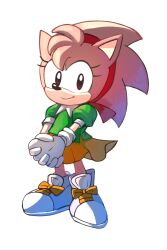Rule 34 | 1girl, amy rose, full body, furry, furry female, gloves, green shirt, hairband, highres, looking at viewer, orange skirt, own hands clasped, own hands together, plus2sf, puffy short sleeves, puffy sleeves, red hairband, shirt, shoes, short sleeves, simple background, skirt, smile, sneakers, solo, sonic (series), sonic the hedgehog (classic), white background, white footwear, white gloves