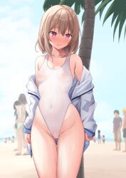 Rule 34 | 2boys, 4girls, 6+others, absurdres, breasts, commentary request, covered erect nipples, covered navel, embarrassed, highleg, highleg swimsuit, highres, hood, hooded jacket, jacket, light brown hair, multiple boys, multiple girls, multiple others, one-piece swimsuit, open clothes, open jacket, original, palm tree, raraserara, red eyes, see-through, short ponytail, small breasts, solo focus, standing, swimsuit, thigh gap, tree, white jacket, white one-piece swimsuit