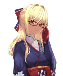 Rule 34 | 1girl, adjusting eyewear, blonde hair, blue kimono, bow, breasts, cait aron, closed mouth, dark-skinned female, dark skin, elf, glasses, gloves, hair bow, hair intakes, hand up, highres, hololive, japanese clothes, kimono, long hair, long sleeves, looking at viewer, medium breasts, obi, photoshop (medium), pointy ears, red bow, red eyes, red gloves, sash, shiranui flare, shiranui flare (new year), sidelocks, smile, solo, upper body, virtual youtuber, wide sleeves