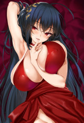 Rule 34 | 1girl, ahoge, arm behind head, armpits, azur lane, bare shoulders, black hair, blush, breast lift, breasts, choker, cle masahiro, cleavage, collarbone, covered erect nipples, dress, eyes visible through hair, finger in own mouth, groin, hair between eyes, hair ornament, highres, huge breasts, large breasts, long hair, looking at viewer, lying, no panties, official alternate costume, on back, open mouth, red dress, red eyes, sidelocks, skindentation, smile, solo, taihou (azur lane), taihou (forbidden feast) (azur lane), tsurime, twintails, upper body, very long hair