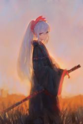 Rule 34 | 1girl, absurdres, black hakama, blue hair, closed mouth, commentary request, day, evening, field, hair between eyes, hair ornament, hakama, hakama skirt, head tilt, high ponytail, highres, holding, holding sheath, japanese clothes, katana, kisei2, long hair, long sleeves, looking at viewer, looking to the side, original, outdoors, ponytail, red eyes, sheath, sheathed, sidelocks, skirt, sky, sleeves past fingers, sleeves past wrists, solo, standing, sword, very long hair, weapon, wide sleeves