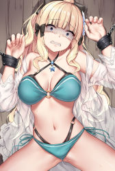 Rule 34 | 1girl, bdsm, bikini, black bow, blonde hair, blue eyes, blunt bangs, blush, bow, breasts, elf, flower, green bikini, hair bow, hair flower, hair ornament, highres, jack dempa, large breasts, layered bikini, long hair, looking at viewer, navel, o-ring, o-ring bikini, pointy ears, ponytail, princess connect!, restrained, saren (princess connect!), saren (summer) (princess connect!), scared, shaded face, solo, spread legs, swimsuit, wrist cuffs