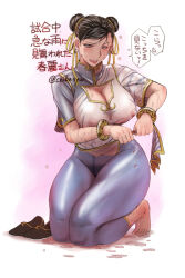 Rule 34 | 1girl, barefoot, black hair, bracelet, breasts, brown eyes, capcom, chiba shuusaku, chibasyu, chun-li, cleavage, cleavage cutout, clothing cutout, earrings, eyeshadow, japanese text, jewelry, kneeling, large breasts, makeup, pants, slippers, street fighter, sweat, sweaty clothes, thick thighs, thighs, yoga pants
