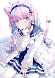 Rule 34 | ahoge, animal ear fluff, animal ears, aqua nails, blue headband, braid, cat ears, cat tail, closed mouth, colored inner hair, frilled sailor collar, frills, headband, highres, hololive, jacket, kazunehaka, long sleeves, looking at viewer, minato aqua, minato aqua (sailor), multicolored hair, nail polish, pantyhose, pink eyes, ribbon, sailor collar, sitting, skirt, solo, tail, tail ornament, tail ribbon, two-tone hair, virtual youtuber, white background, white jacket, white pantyhose