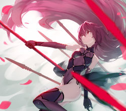 Rule 34 | 1girl, aged down, bare shoulders, breasts, covered navel, elbow gloves, fate/grand order, fate (series), gae bolg (fate), gloves, hair between eyes, highleg, highleg leotard, highres, large breasts, leotard, long hair, petals, polearm, purple gloves, purple hair, purple leotard, purple thighhighs, red eyes, scathach (fate), siino, solo, spear, thighhighs, thighs, weapon