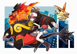 baseball_cap black_vest blue_shorts brown_hair commentary creatures_(company) denim denim_shorts emboar fire full_body game_freak gen_5_pokemon hat high_ponytail hilda_(pokemon) holding holding_poke_ball kokesa_kerokero legendary_pokemon long_hair looking_at_viewer mythical_pokemon nintendo pig poke_ball pokemon pokemon_(creature) pokemon_bw short_shorts shorts symbol-only_commentary v vest victini white_hat