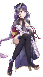 Rule 34 | 1girl, absurdres, ankle flower, armor, braid, breasts, bridal gauntlets, choker, cleavage, closed mouth, crossed legs, eareay, facing viewer, fingernails, flower, genshin impact, hair flower, hair ornament, head rest, highres, japanese clothes, kimono, long hair, looking away, low-braided long hair, low-tied long hair, medium breasts, mitsudomoe (shape), mole, mole under eye, nail polish, obi, obiage, obijime, purple eyes, purple flower, purple hair, purple kimono, purple nails, purple rope, purple thighhighs, raiden shogun, red ribbon, red rope, ribbon, ribbon choker, rope, sandals, sash, shoulder armor, shrug (clothing), simple background, sitting, smile, solo, tassel, thighhighs, tomoe (symbol), very long hair, white background