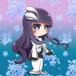 Rule 34 | 1girl, alternate hair color, arrancar, bleach, blue background, blunt bangs, chibi, crossed arms, cyan sung-sun, facial mark, flower, highres, long hair, purple background, purple eyes, purple hair, sleeves past wrists, solo, standing, two-tone background, umi (totoron kjp), very long hair