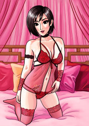 Rule 34 | 1girl, absurdres, ada wong, bed, black hair, brown eyes, collar, full body, highres, jf illustration, kneeling, lingerie, lipstick, looking at viewer, makeup, midriff, open mouth, pillow, red lips, resident evil, see-through, short hair, smile, solo, underwear