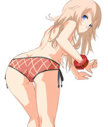 Rule 34 | 10s, 1girl, absurdres, alisa ilinichina amiella, ass, back, bikini, bikini bottom only, blonde hair, blue eyes, blush, breasts, butt crack, chikkinage nage, god eater, highres, large breasts, leaning forward, long hair, looking at viewer, looking back, red bikini, side-tie bottom, solo, swimsuit, topless, underboob, wrist cuffs