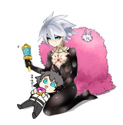 Rule 34 | 2boys, areola slip, bishounen, black hair, blue eyes, bodysuit, center opening, chibi, earrings, fate/apocrypha, fate/grand order, fate (series), fou (fate), fujimaru ritsuka (male), fur trim, gift card, holding, holding rattle, jewelry, karna (fate), lying on person, magatatara, male focus, multiple boys, on lap, pale skin, rattle, riyo (lyomsnpmp) (style), silver hair, simple background, smile, uniform, white background