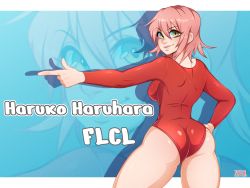 Rule 34 | 1girl, absurdres, artist name, ass, blush, character name, closed mouth, copyright name, flcl, green eyes, hand on own hip, haruhara haruko, highres, leotard, lips, long sleeves, looking at viewer, pink hair, pointing, red leotard, short hair, smile, solo, ziffir