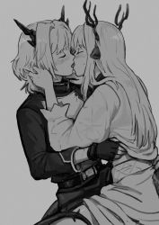 Rule 34 | 2girls, alina (arknights), animal ears, antlers, arknights, clothes lift, deer antlers, deer ears, deer girl, dragon girl, dragon horns, dragon tail, fingerless gloves, french kiss, gloves, grey background, greyscale, hair intakes, hand in another&#039;s hair, highres, horns, kiss, lifting another&#039;s clothes, long sleeves, monochrome, multiple girls, official alternate costume, protected link, shirt, shirt lift, short hair, silverxp, simple background, tail, talulah (arknights), talulah the fighter (arknights), yuri