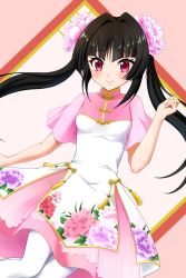 Rule 34 | 1girl, black hair, blush, breasts, china dress, chinese clothes, closed mouth, dress, floral print, flower, hair flower, hair ornament, highres, kojirou (kojiou3), long hair, looking at viewer, red eyes, senki zesshou symphogear, small breasts, smile, solo, tsukuyomi shirabe, twintails, white legwear