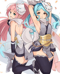Rule 34 | 2girls, alternate costume, aqua hair, armpits, arms up, back bow, bare shoulders, black gloves, blue eyes, bow, brown eyes, falling leaves, felicia (fire emblem), fingerless gloves, fire emblem, fire emblem fates, flora (fire emblem), gloves, haru (nakajou-28), highres, holding shuriken, japanese clothes, kuji-in, kunai, leaf, leg up, looking at viewer, mask, mouth mask, multiple girls, ninja, ninja mask, nintendo, open mouth, pink hair, ponytail, scarf, shuriken, siblings, sisters, thighhighs, twins, twintails, weapon, white background, white bow, white scarf