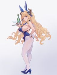 Rule 34 | 1girl, absurdres, animal ears, bare shoulders, blonde hair, blue eyes, blue footwear, blue leotard, blue neckwear, blush, breasts, cleavage, clothing cutout, commentary request, cup, detached collar, draph, fake animal ears, from side, full body, glass bottle, granblue fantasy, grey background, hair ornament, hand on own hip, high heels, highleg, highleg leotard, highres, holding, horns, large breasts, leotard, long hair, navel, navel cutout, pantyhose, parted lips, playboy bunny, pointy ears, poker chip, rabbit tail, razia, shiny skin, sideboob, sleeveless, standing, tail, thigh strap, tray, u jie, white pantyhose