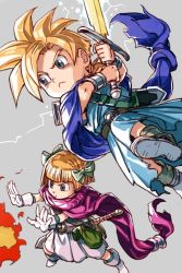Rule 34 | 1boy, 1girl, blonde hair, blue eyes, bow, brother and sister, cape, closed mouth, dragon quest, dragon quest v, hair bow, hero&#039;s daughter (dq5), hero&#039;s son (dq5), hungry clicker, short hair, siblings, simple background, square enix, sword, twins, weapon