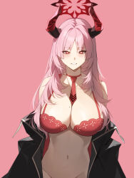 1girl absurdres black_coat black_horns blue_archive blush bra breasts chinese_commentary cleavage coat collarbone commentary grin groin halo heart heart_in_eye highres horns large_breasts long_hair long_sleeves looking_at_viewer mole mole_on_breast navel necktie open_clothes open_coat pink_background pink_hair red_bra red_halo red_horns red_necktie satsuki_(blue_archive) simple_background smile solo stomach symbol_in_eye underwear yykuaixian