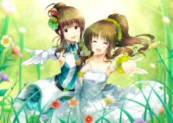 Rule 34 | 10s, 2girls, :d, ^ ^, arm around waist, bare shoulders, blush, brown eyes, brown hair, cinderella&#039;s ball: power of smile (idolmaster), closed eyes, crown, crystal night party, dress, elbow gloves, closed eyes, flower, gloves, hair bun, hair flower, hair ornament, idolmaster, idolmaster cinderella girls, idolmaster cinderella girls starlight stage, kaneko yuuki, long hair, looking at another, ment, mini crown, multiple girls, open mouth, ponytail, single hair bun, smile, takamori aiko, voice actor