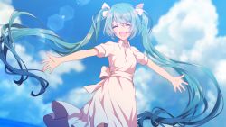 Rule 34 | 1girl, :d, blue eyes, blue hair, blurry, blurry background, bow, day, dress, floating hair, hair between eyes, hair bow, hatsune miku, highres, long hair, matsuda toki, open mouth, outdoors, short sleeves, smile, solo, sundress, very long hair, vocaloid, white bow, white dress