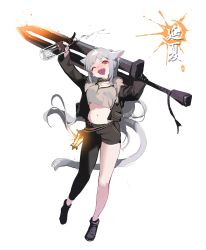 Rule 34 | 1girl, ;d, absurdres, animal ears, arms up, asymmetrical clothes, black footwear, black jacket, black pants, bottle, breasts, cat ears, cat girl, cat tail, collar, crop top, crop top overhang, full body, fur trim, grey hair, grey shirt, highres, holding, holding sword, holding weapon, huge weapon, jacket, long hair, long sleeves, looking at viewer, medium breasts, midriff, navel, one eye closed, open clothes, open jacket, open mouth, original, pants, red eyes, shirt, shisantian, shoes, single pantsleg, smile, solo, spray bottle, standing, stomach, sword, tail, thighs, very long hair, weapon