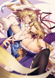 Rule 34 | 2girls, adapted costume, animal hat, black legwear, blonde hair, blurry, bow, breasts, cleavage, depth of field, dress, eyes visible through hair, fox tail, gloves, hair between eyes, hair bow, half-closed eyes, hand fan, hat, head tilt, highres, holding, holding fan, kamenozoki momomo, large breasts, long hair, long sleeves, looking at viewer, mob cap, multiple girls, multiple tails, nail polish, open mouth, pantyhose, purple dress, red bow, red eyes, red nails, red neckwear, short hair, smile, tabard, tail, touhou, white dress, white gloves, white headwear, white sleeves, wide sleeves, yakumo ran, yakumo yukari, yellow eyes