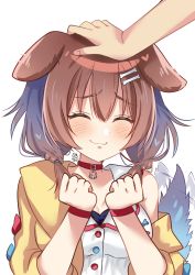 Rule 34 | 1girl, :3, absurdres, animal collar, animal ears, blush, bone hair ornament, braid, brown hair, cartoon bone, closed eyes, collar, dog ears, dog girl, extra ears, hair between eyes, hair ornament, hairclip, hand on another&#039;s head, headpat, highres, hololive, inugami korone, inugami korone (1st costume), jacket, long hair, low twin braids, maroonabyss, out of frame, petting, red collar, side braids, smile, solo focus, twin braids, virtual youtuber, yellow jacket