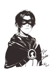 Rule 34 | 10s, 1boy, 2014, ajiang, batman (series), character name, dated, dc comics, domino mask, highres, male focus, mask, monochrome, red robin, signature, solo, tim drake