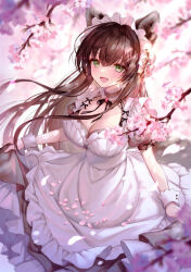Rule 34 | 1girl, :d, animal ear fluff, animal ears, apron, black dress, black ribbon, blush, breasts, brown hair, cherry blossoms, cleavage, commentary request, dress, frilled dress, frills, green eyes, hi-na1, large breasts, long hair, looking at viewer, maid, maid headdress, neck ribbon, open mouth, original, partial commentary, petals, puffy short sleeves, puffy sleeves, ribbon, short sleeves, skirt hold, smile, solo, very long hair, white apron, wrist cuffs