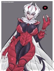 Rule 34 | 1girl, anikiki, armor, beelzebub (helltaker), black eyes, breasts, bug, chitin, claws, demon, demon girl, demon horns, fly, grey background, helltaker, highres, horns, insect, large breasts, monster girl, red armor, red pupils, thighs, white hair, wings